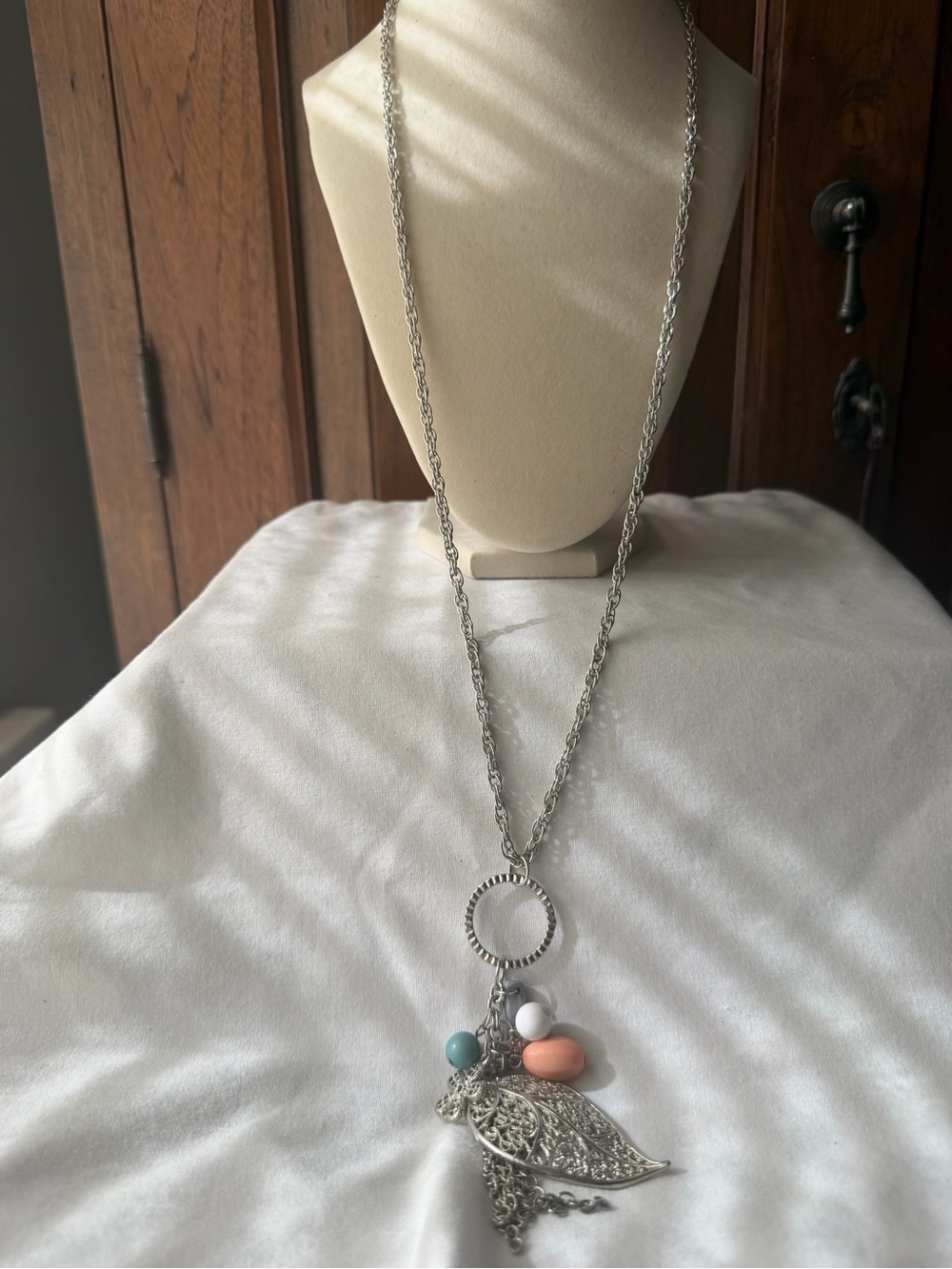 Silver Tone Filigree Leaf Tassel Necklace Pastel Bead Charm Long Pendant